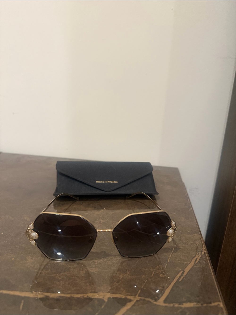 Dolce & Gabbana Gold Frame Black Lens Sunglasses with Pearl Temple Accents